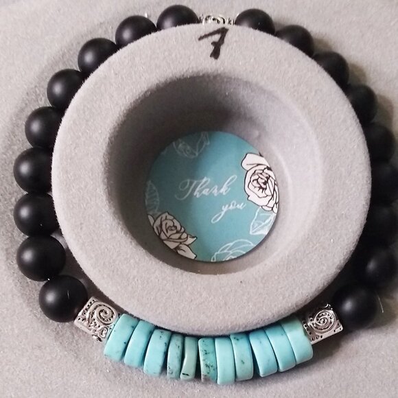 Minimalist! Turquoise Howlite Heishi Beads + Black Stone Beads! Coastal Cowgirl - Picture 7 of 9
